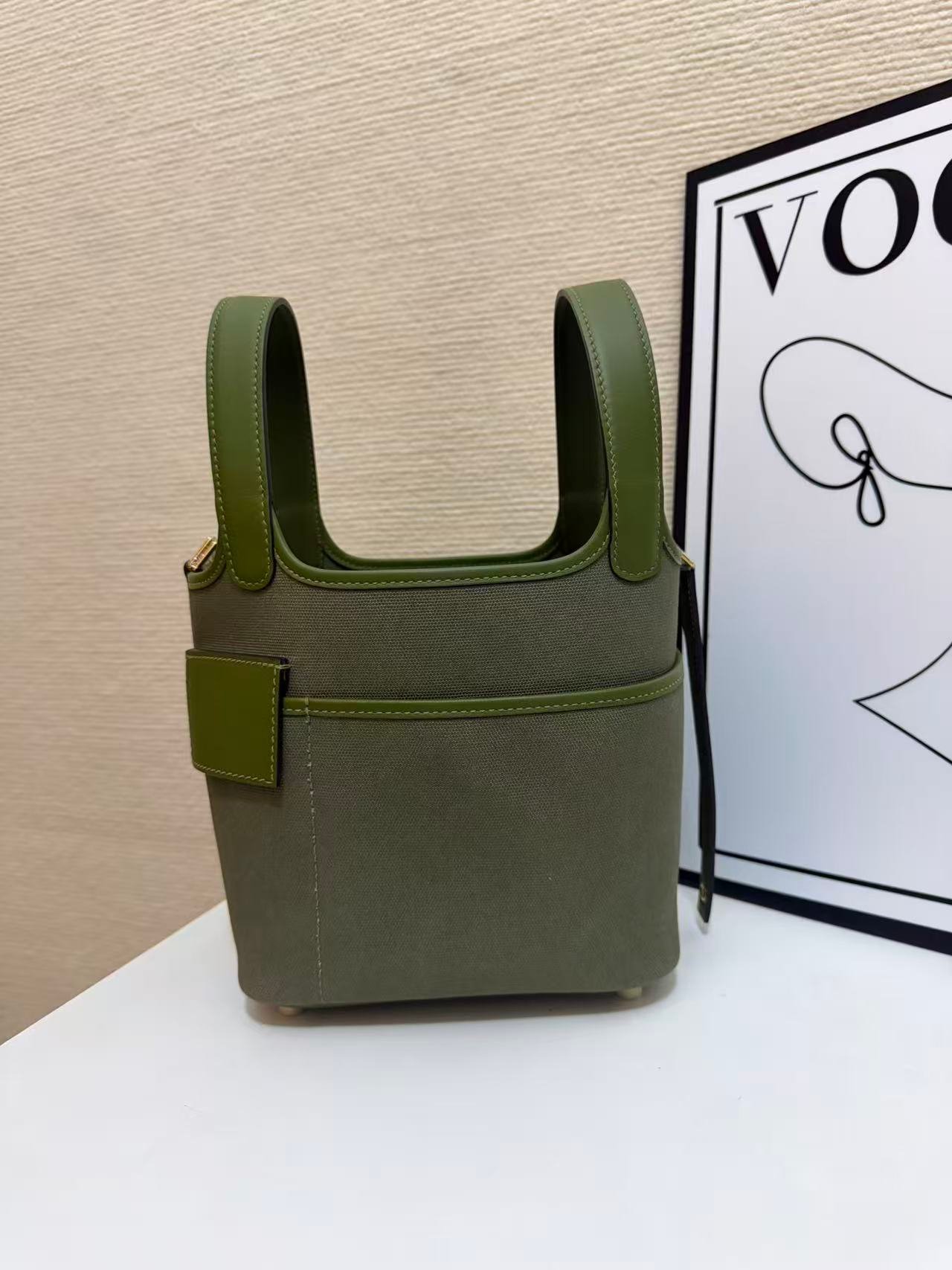 Hermes Cargo Picotin Olive Green canvas and leather 18cm everyday