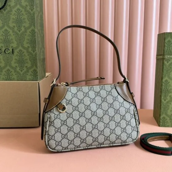 Gucci Ophidia Beige Ebony GG Supreme with Brown leather trim shoulder Premium Replica