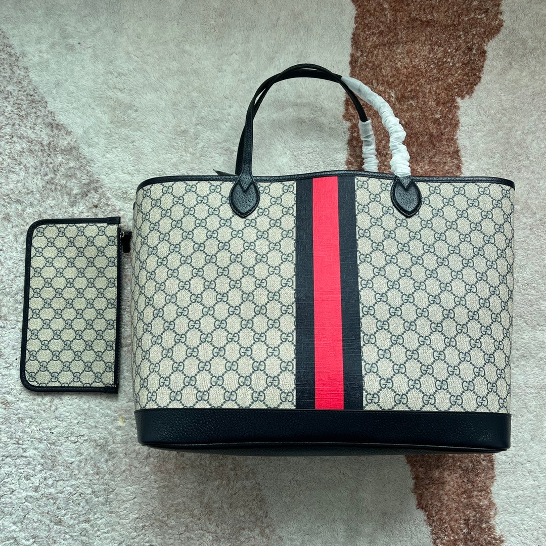 Gucci GG Supreme beige black with red-green web stripe large tote everyday