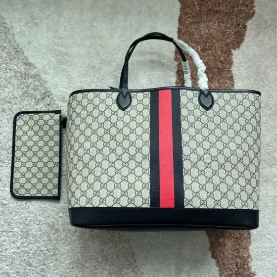 Gucci GG Supreme beige black with red-green web stripe large tote Top Quality Replica