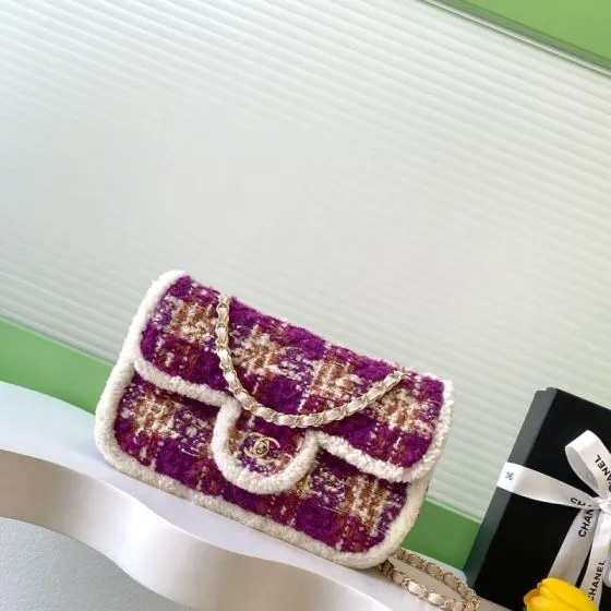 Chanel Classic Flap Purple tweed with white shearling trim shoulder AAA Quality Replica