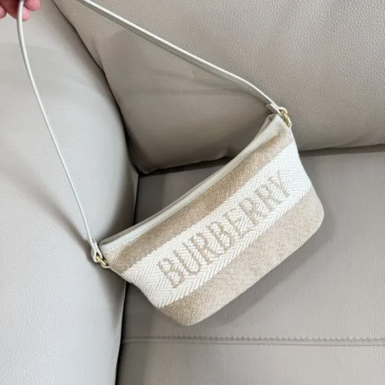 Burberry Beige and white woven fabric with light off-white leather trim 26x11x13cm shoulder Top Quality Replica