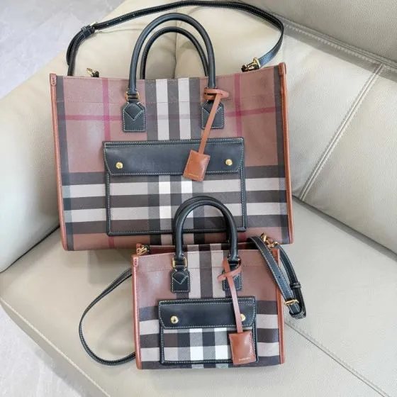 Burberry Freya Tote Birch Brown Check with Black Leather Trim 26x22x12cm tote bag AAA Quality Replica