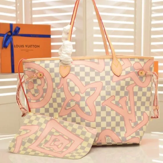 Louis Vuitton Neverfull Damier Azur with pink Monogram graffiti 32 x 29 x 17 cm tote Top Quality Replica