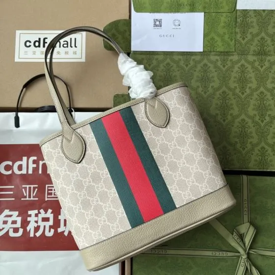 Gucci Beige GG Supreme with green red web stripe tote AAA Quality Replica