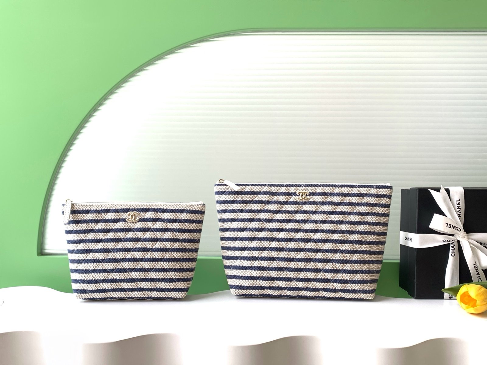 Chanel Blue White striped canvas pouch everyday