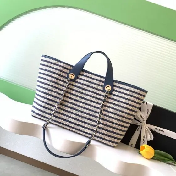 Chanel Blue and White Stripe Canvas tote 1 1 Replica