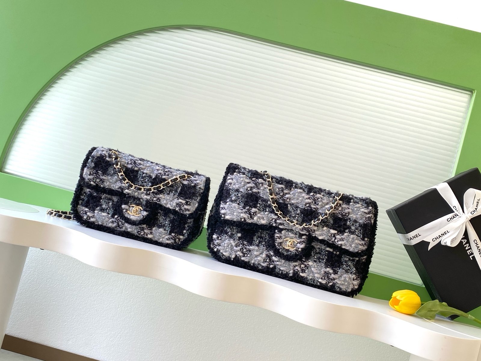 Chanel Classic Flap Black and white tweed shoulder everyday