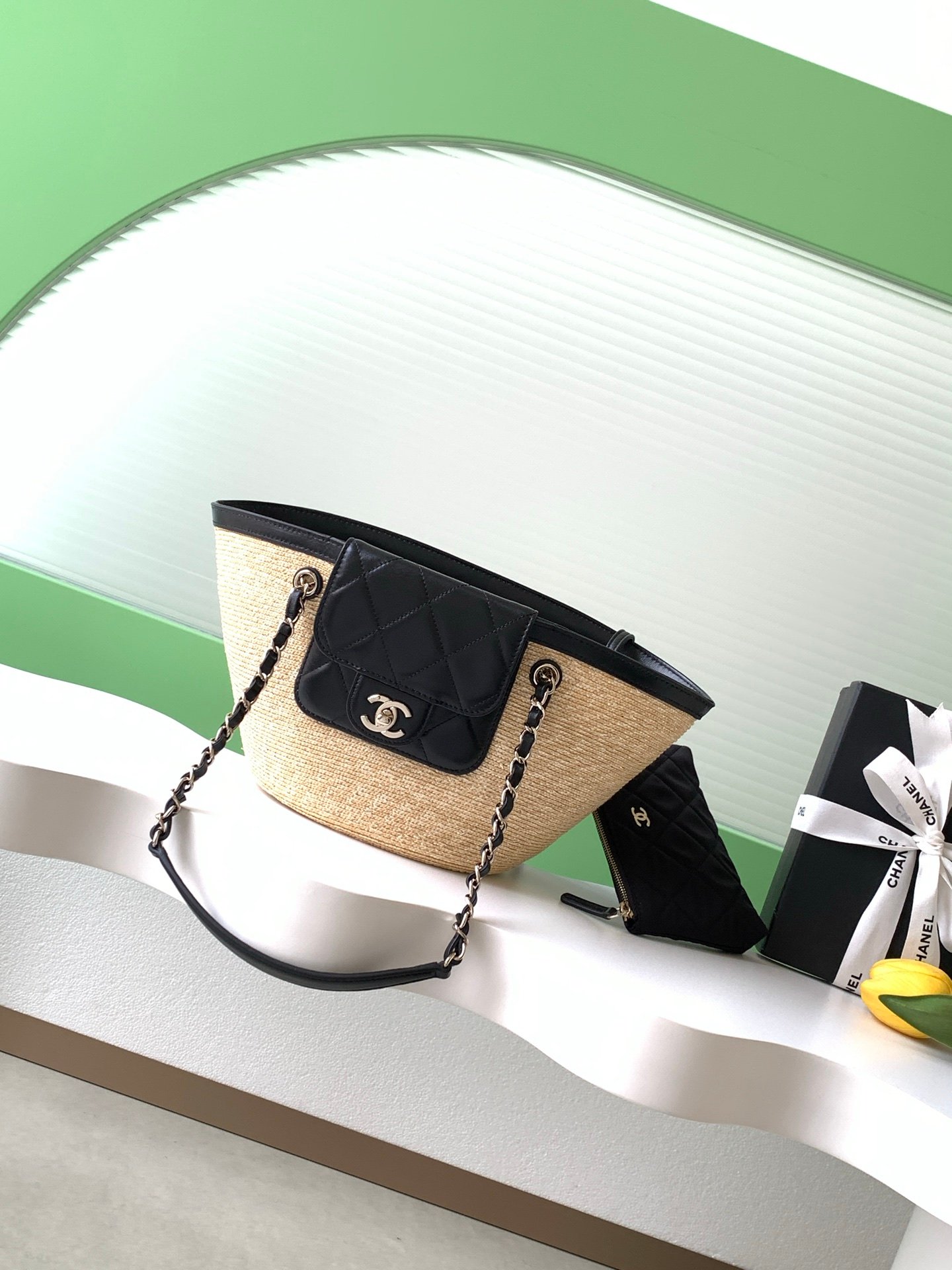 Chanel Beige raffia and black shoulder everyday
