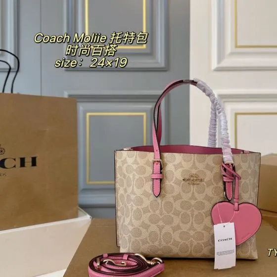 Coach Mollie Signature Canvas Beige with Pink Trim 24x19cm tote Premium Replica