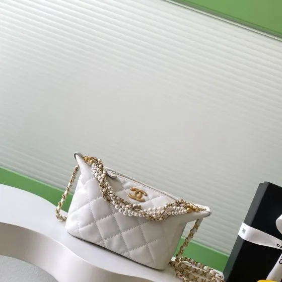 Chanel White with Gold-tone Pearl Chain crossbody Top Quality Replica
