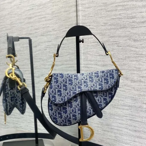 Dior Blue Oblique denim with black leather crossbody — Top Quality Replica