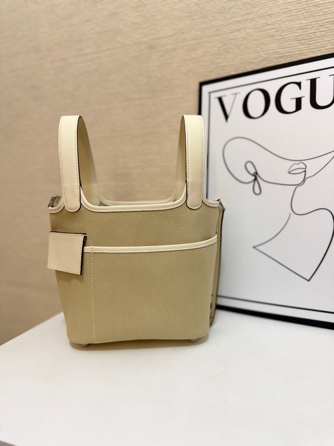 Hermes Cargo Picotin Beige Cream canvas with cream leather trim 18cm everyday
