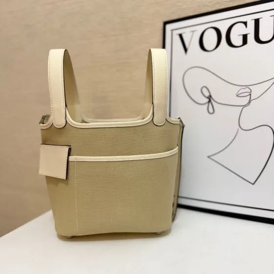 Hermes Cargo Picotin Beige Cream canvas with cream leather trim 18cm everyday — Premium Replica