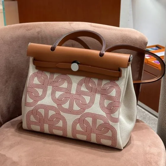 Hermes Herbag Beige canvas with brown leather and red print 31cm shoulder AAA Quality Replica