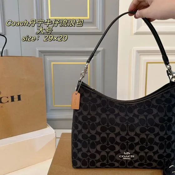 Coach Black Denim Signature 29x20cm shoulder Top Quality Replica
