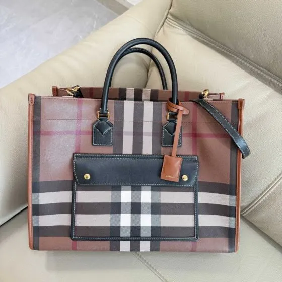 Burberry Birch Brown Check with Black Leather Trim 35x28x15cm tote bag Premium Replica