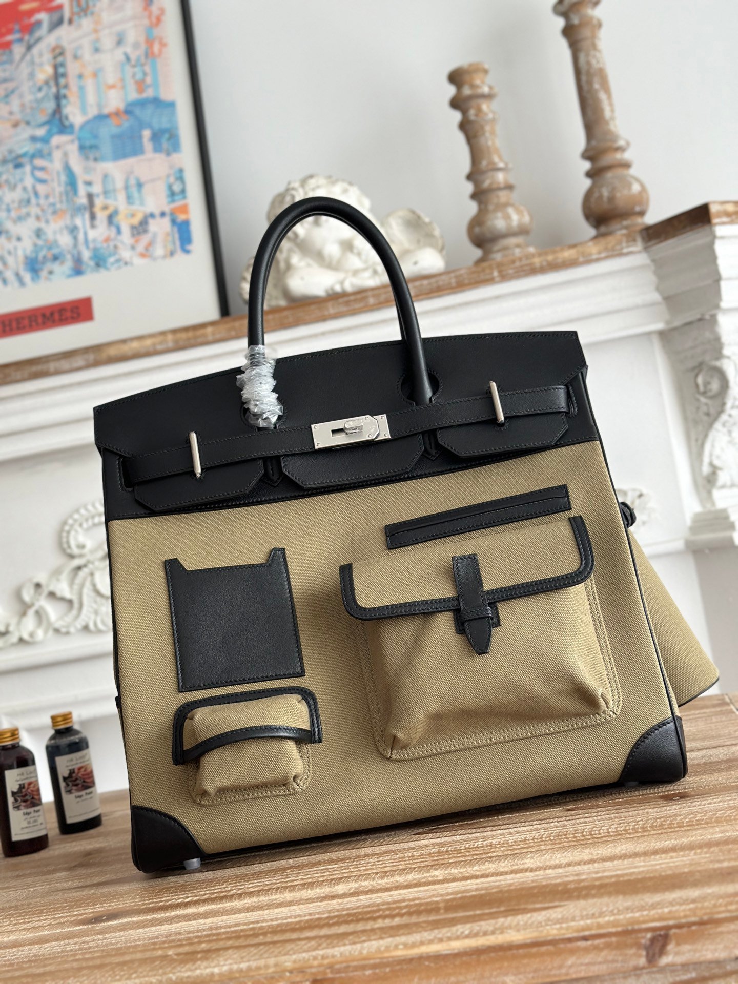 Hermes HAC Cargo Beige canvas and Black leather 40 travel everyday