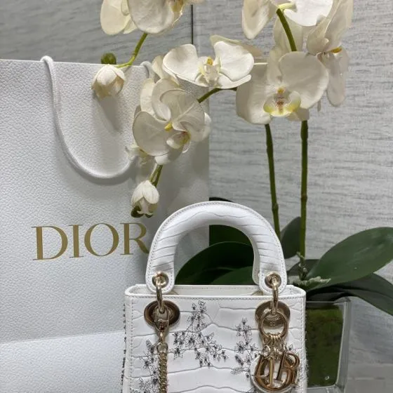 Dior Lady White crocodile-embossed leather with silver embellishment evening AAA Quality Replica