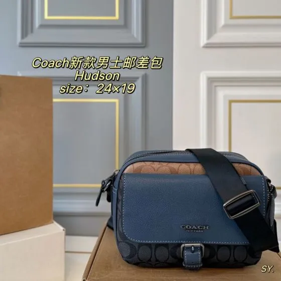 Coach Hudson Blue leather with black and tan signature monogram canvas 24x19cm crossbody AAA Quality Replica