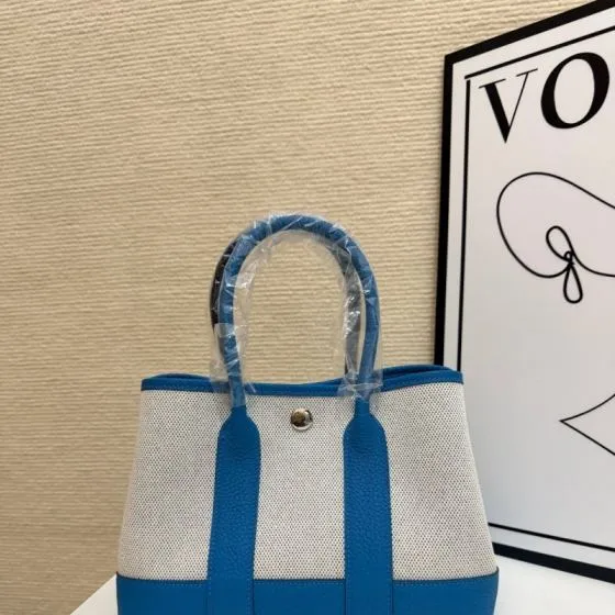 Hermes Garden Party White canvas and blue leather 23cm tote — Top Quality Replica