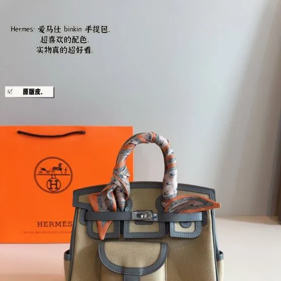 Hermes Birkin Beige canvas with gray leather everyday — 1:1 Replica
