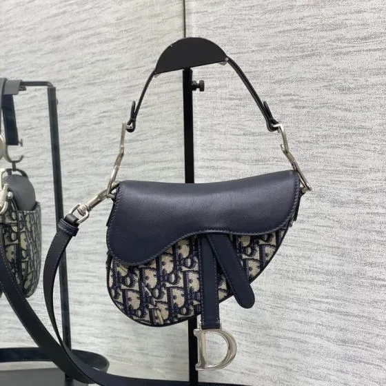 Dior Saddle Navy blue Beige Oblique jacquard with black leather crossbody AAA Quality Replica