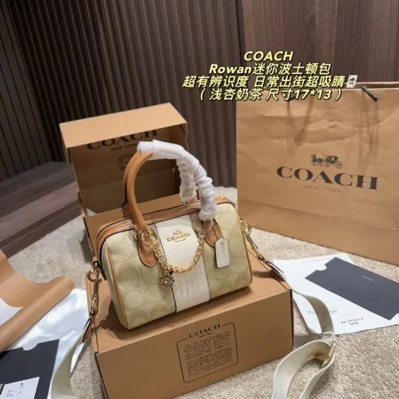 Coach Rowan Light apricot milk tea signature canvas with white and tan leather trim 17 13cm mini crossbody Premium Replica