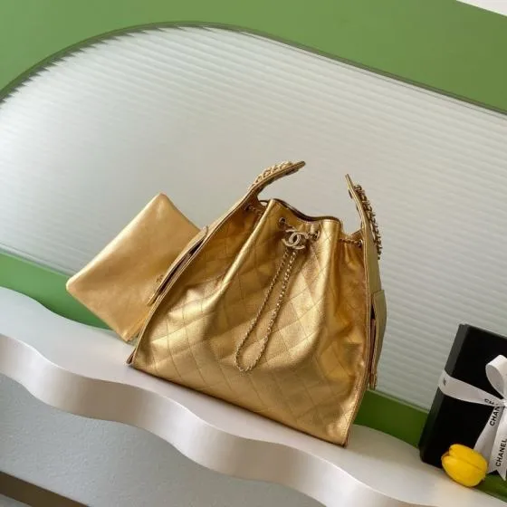 Chanel Gold metallic quilted leather shoulder AAA Quality Replica