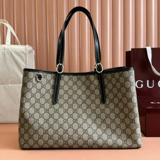 Gucci Ophidia GG Supreme beige ebony with black leather trim tote AAA Quality Replica