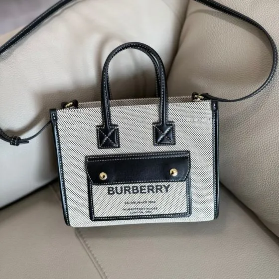 Burberry Mini Freya Tote Beige canvas with black leather trim 20x16cm tote bag 1 1 Replica