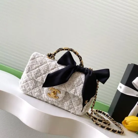 Chanel Classic Flap White tweed with black bow shoulder 1 1 Replica