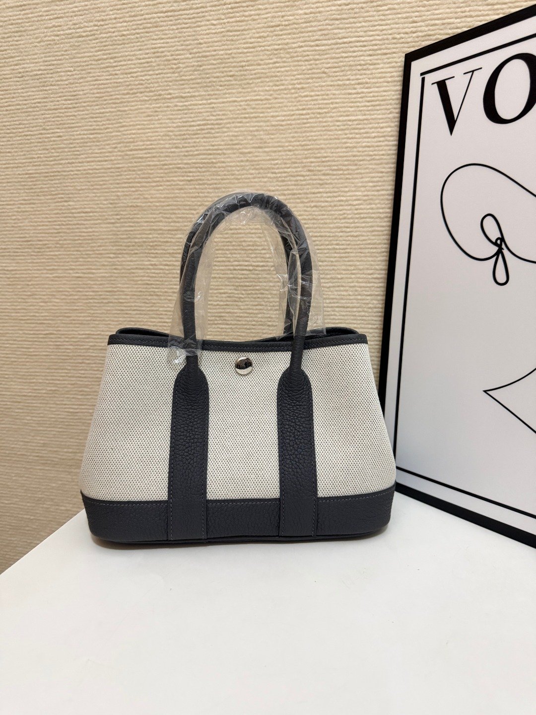 Hermes Garden Party Beige canvas and dark gray leather 23cm tote everyday