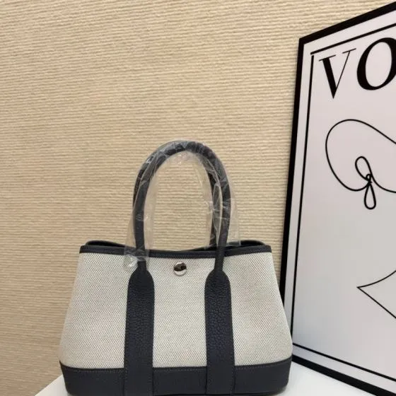 Hermes Garden Party Beige canvas and dark gray leather 23cm tote — 1:1 Replica