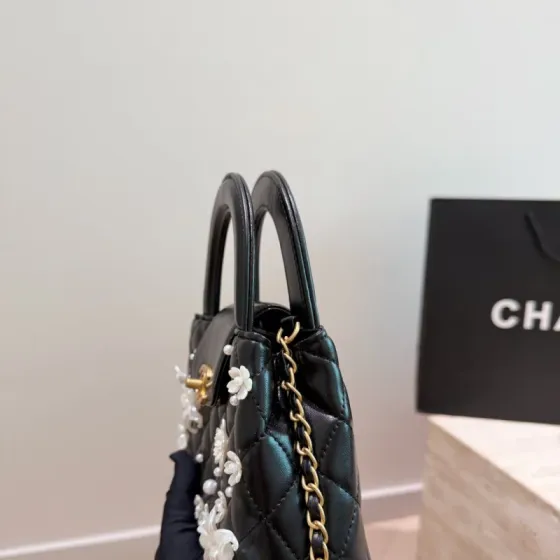 Chanel Kelly Black quilted leather with pearl floral embellishment top handle Premium Replica