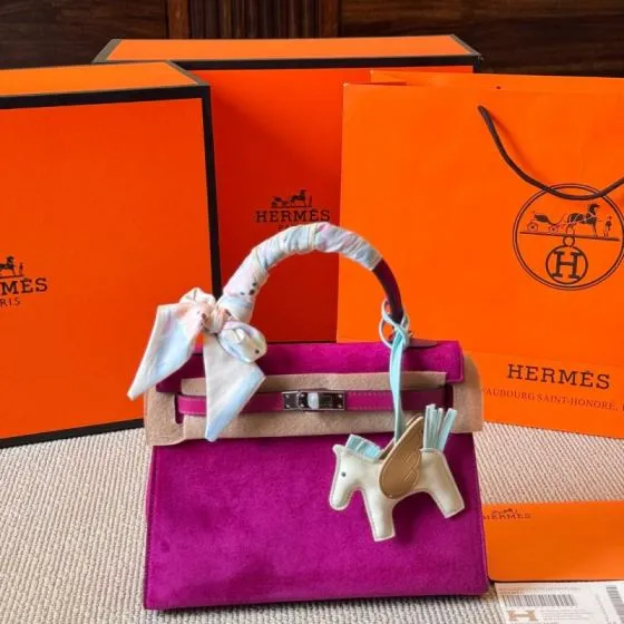 Hermes Kelly 25 Suede Pink Orange 25cm top handle Premium Replica