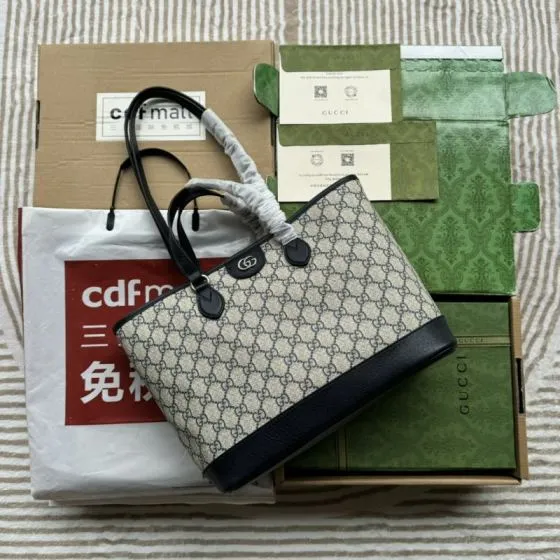 Gucci GG Supreme tote Beige Blue GG Supreme with Black leather Premium Replica