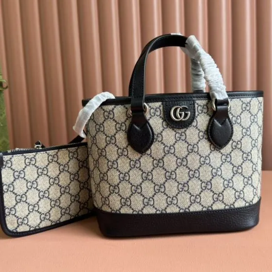 Gucci Beige GG Supreme with Black leather trim tote Premium Replica