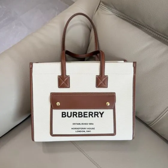 Burberry Horseferry Natural canvas with brown leather trim 26x22x12cm tote bag Premium Replica