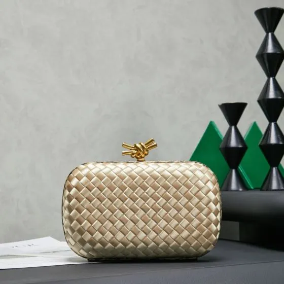 Bottega Veneta Champagne gold Intreccio satin with snakeskin trim 20x12cm clutch 1 1 Replica