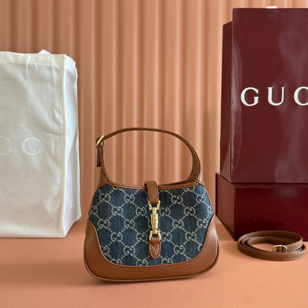 Gucci Jackie 1961 Blue GG denim and brown leather mini shoulder everyday