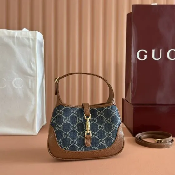 Gucci Jackie 1961 Blue GG denim and brown leather mini shoulder AAA Quality Replica