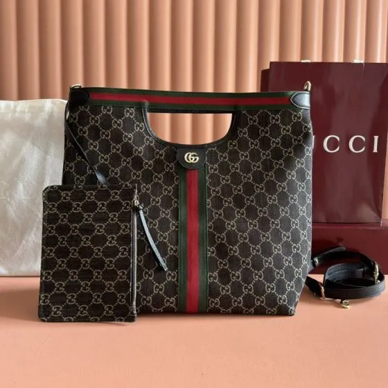 Gucci Giglio GG Supreme brown with green-red-green stripe tote 1 1 Replica