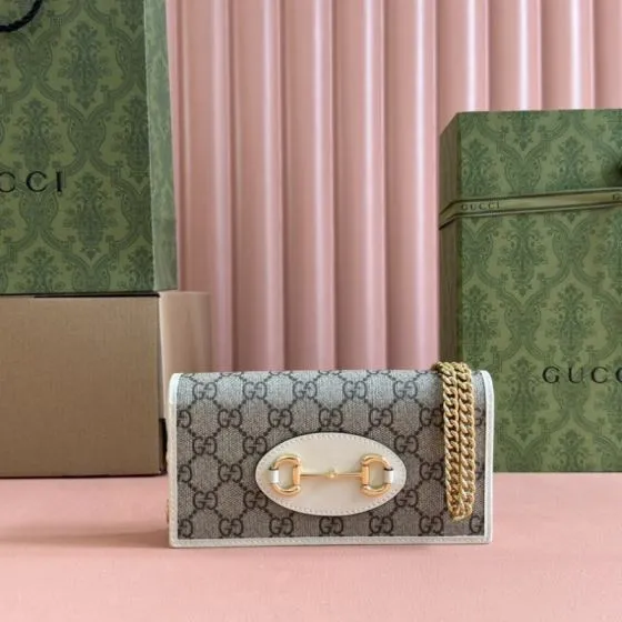 Gucci 1955 Horsebit Beige Ebony GG Supreme canvas with white leather trim shoulder — 1:1 Replica