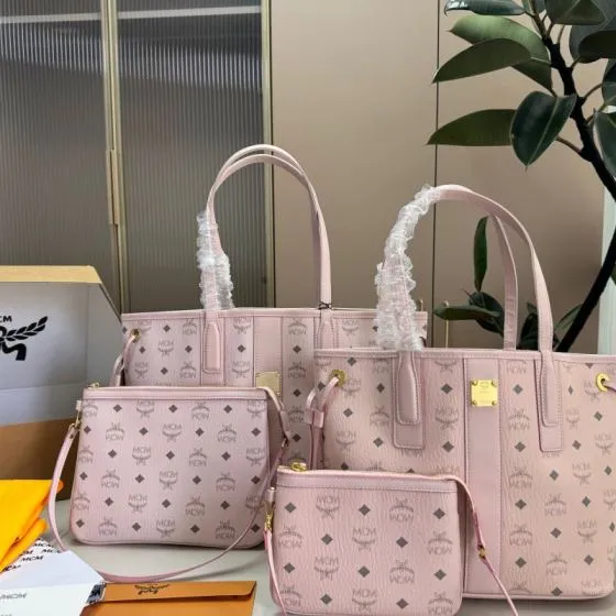 MCM Toni Monogram Pink Monogram Beige 26x21x12cm tote bag AAA Quality Replica