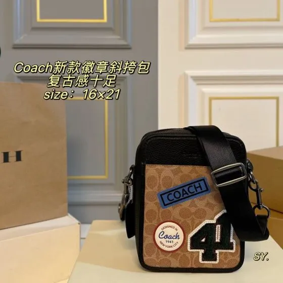 Coach Khaki Signature Canvas with Black Leather and Patches 16x21cm crossbody Top Quality Replica