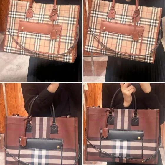Burberry Freya Tote Vintage Check with Brown Leather Trim 40x30x16cm tote bag Top Quality Replica