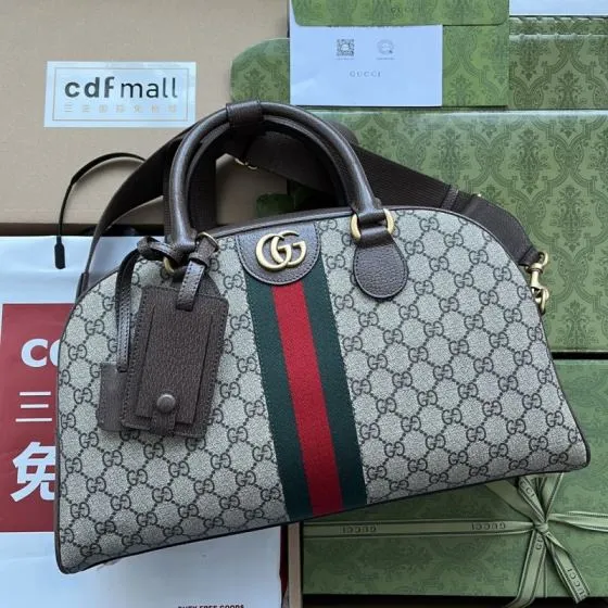 Gucci GG Supreme Ophidia GG Supreme canvas with brown leather and green-red-green web travel AAA Quality Replica