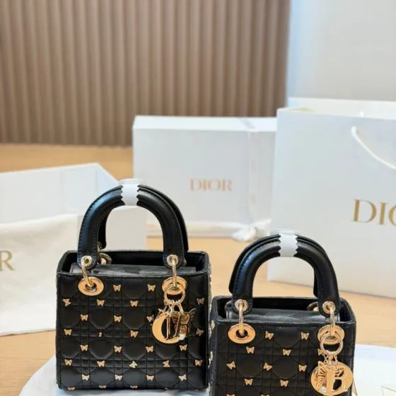 Dior Lady Black with gold butterfly embroidery small shoulder AAA Quality Replica