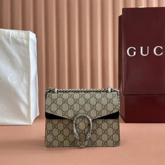 Gucci Dionysus Beige Ebony GG Supreme with black suede trim 20x15 5x5cm shoulder 1 1 Replica